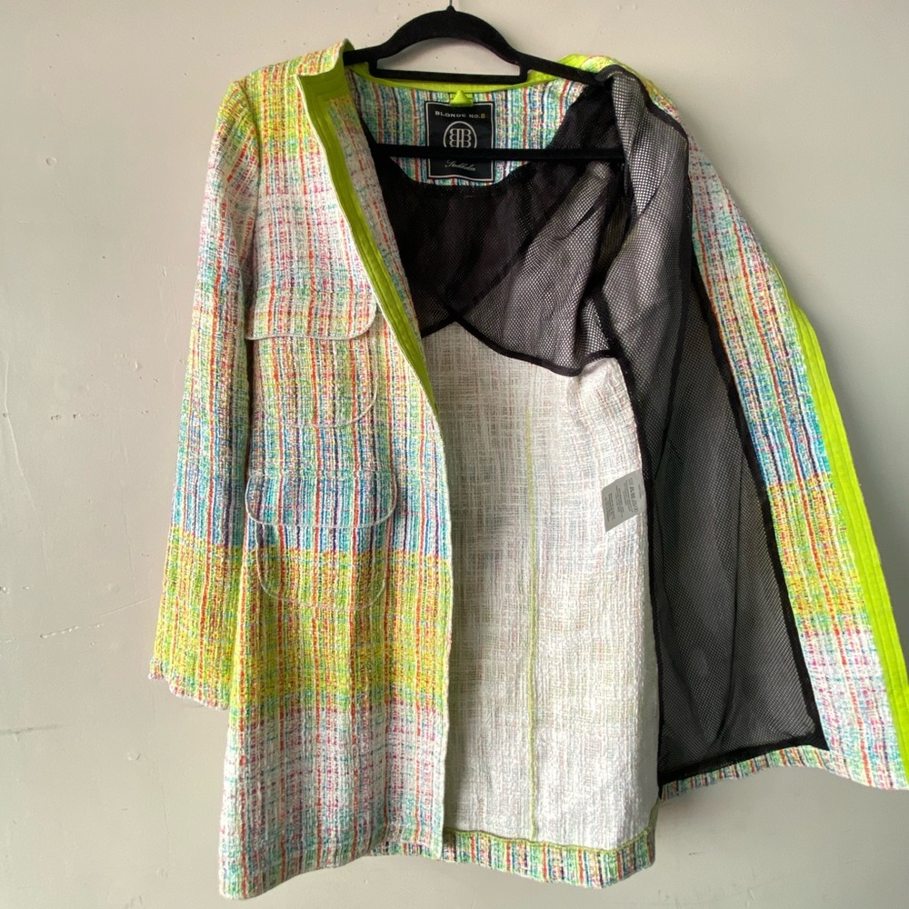 BLONDE No.8 STOCKHOLM Tweed Long Blazer Neon Trim Yellow Blue M Coat - Picture 14 of 16